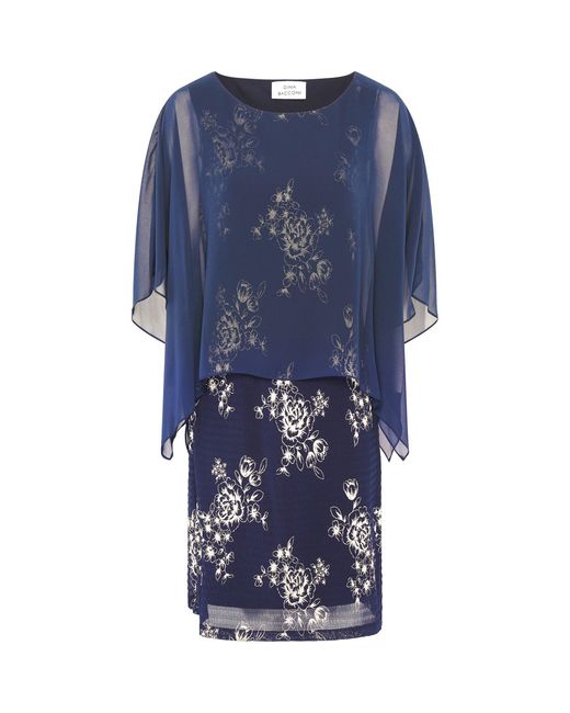 Gina Bacconi Blue Anne Foil Dress With Chiffon Cape
