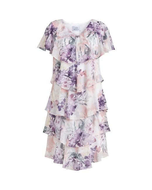 Gina Bacconi White Chloe Floral Print Tiered Dress