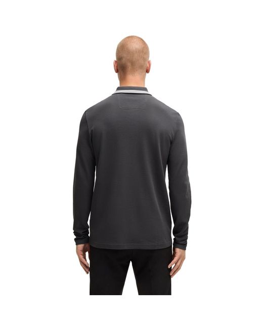 Boss Black Plisy Tipped Collar Cotton Long Sleeve Polo Shirt for men