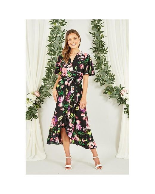 Mela London Green Floral Wrap Midi Dress With Frills
