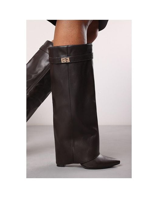Where's That From Black Where's Fold Over Shark Block Heel Point Toe Boots
