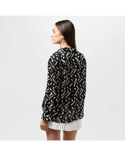 French Connection Black Diandra Satin Devore Long Sleeve Blouse