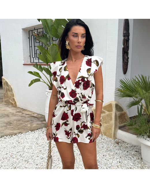 AX Paris Natural Rose Printed Flutter Sleeve Tie Waist Playsuit