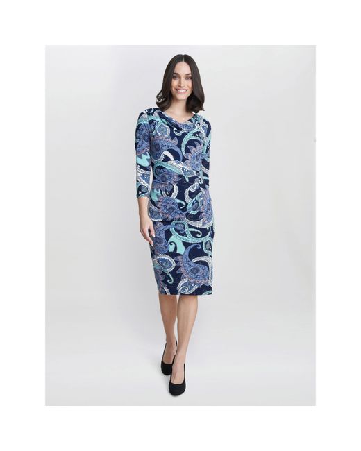 Gina Bacconi Blue Alyssa Printed Jersey Cowl Neck Dress