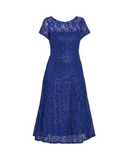 Gina Bacconi Blue Demi Cap Sleeve Midi Sequin Lace Dress