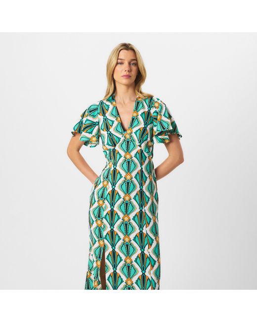 AX Paris Green Print V Neck Tie Detail Short Sleeve Midi Dress