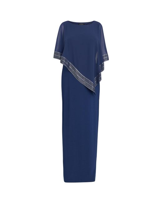 Gina Bacconi Blue Amber Maxi Asymmetrical Cape Dress