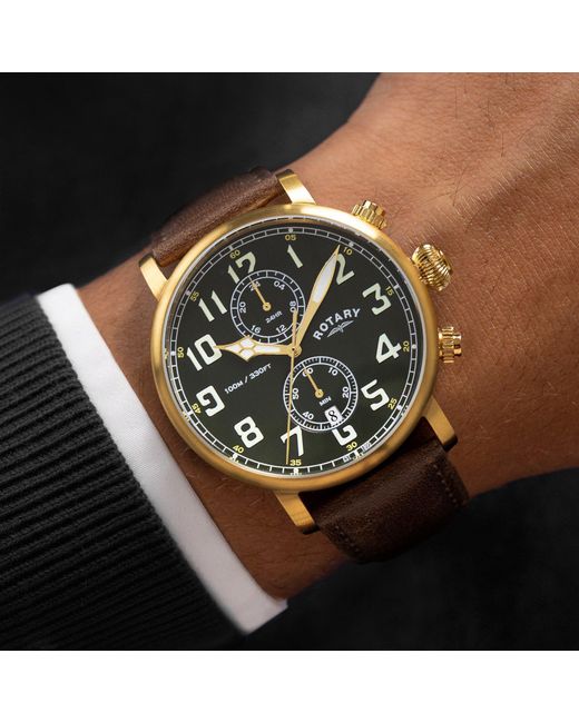 Rotary Green Heritage Pilot Ss Leather Watch for men