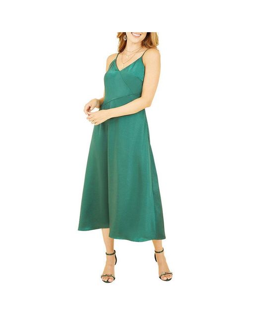 Yumi' Green Satin Strappy Midi Wrap Dress