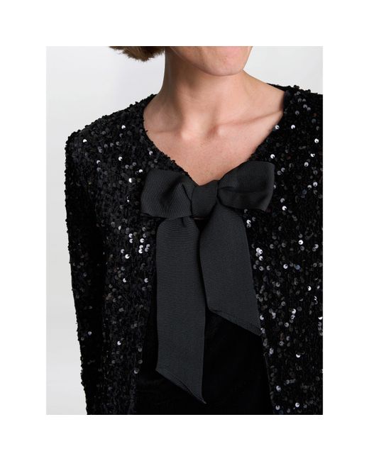 Gina Bacconi Black Roxy Sequin Round Neckline Tie Bow Jacket
