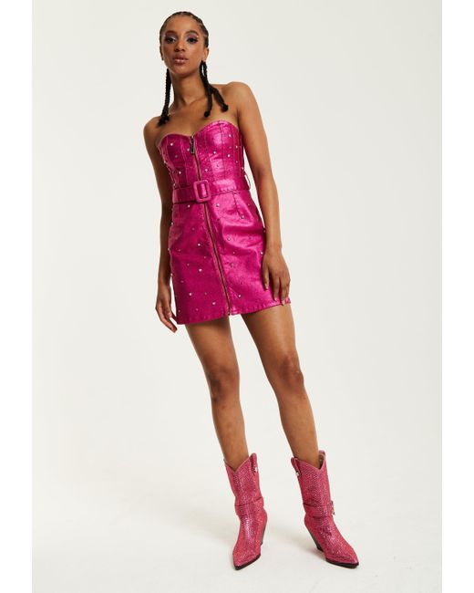 House of Holland Hot Pink Denim Dress With Stud Details in Red | Lyst