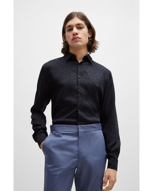 HUGO Blue Slim-fit Shirt In Seasonal-print Poplin for men
