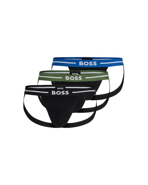 Boss Blue Three-pack Of Stretch-cotton Jock Straps With Logo Waistbands for men