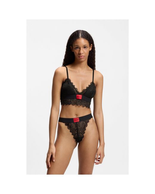 HUGO Black Lace Thong With Logo Label