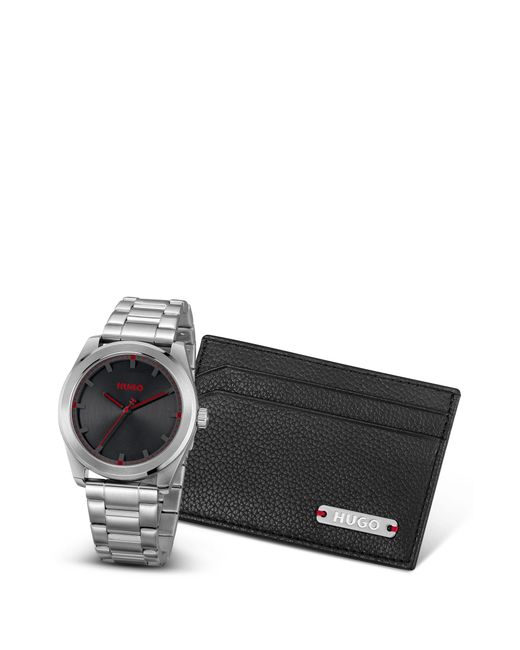 HUGO Geschenk-Set Mit Kartenetui Aus Leder Und Uhr Mit Schwarzem Zifferblatt in Black für Herren