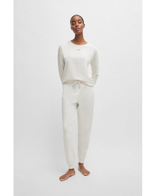 Boss White Cuffed Pyjama Bottoms In Stretch Cotton With Branded Drawcords