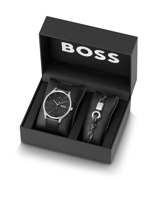 Boss Set aus Uhr mit schwarzem Zifferblatt und Kordelarmband in der Geschenkbox in Black für Herren