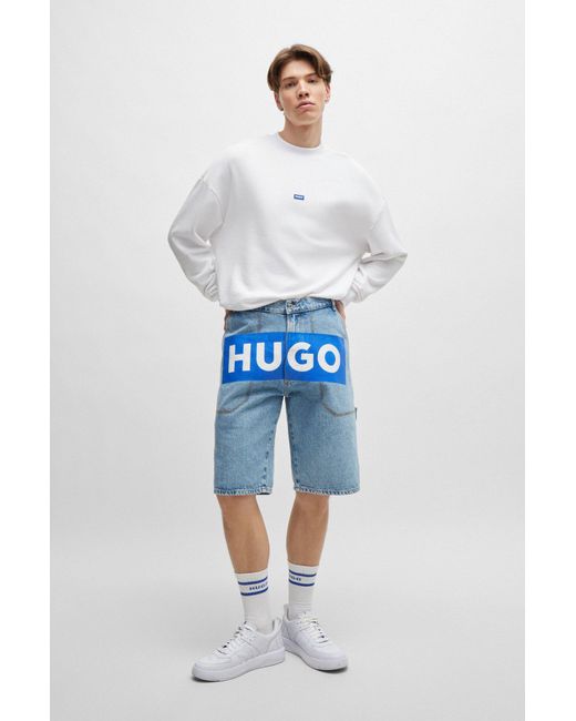 HUGO White Cotton-terry Sweatshirt With Blue Logo Label for men