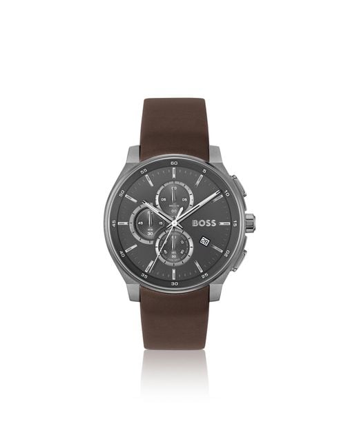 Boss Brown Plated Chronograph Watch With Leather Strap for men