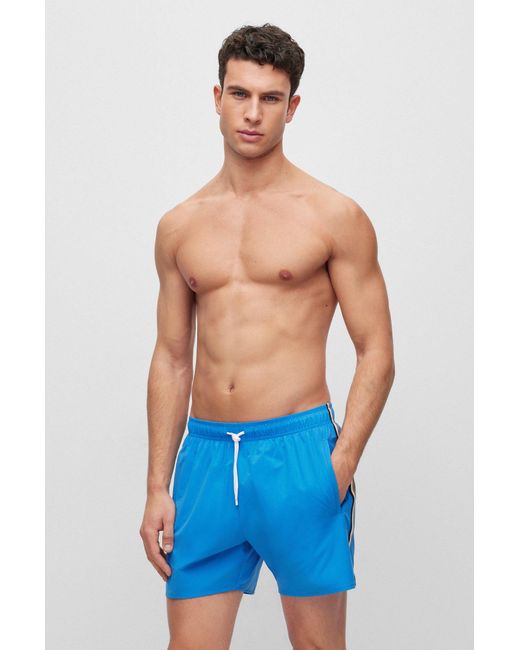 Boss Blue Swim Shorts With Signature Stripe And Logo for men