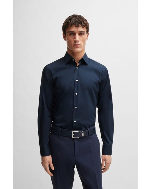 Boss Blue Slim-fit Shirt In Easy-iron Stretch-cotton Poplin for men
