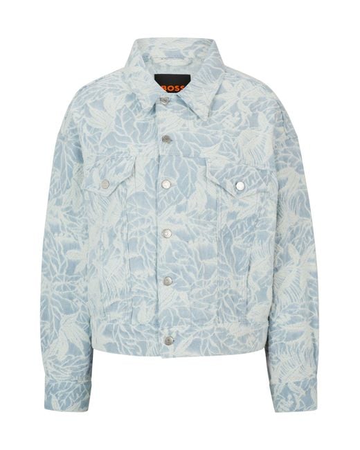 Boss Blue Cotton-denim Jacket With Embroidered Pattern
