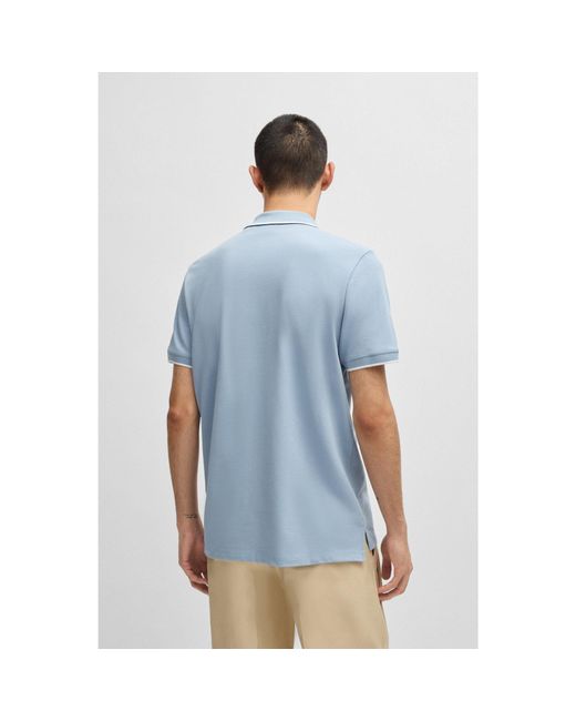 HUGO Blue Stretch-Cotton Slim-Fit Polo Shirt With Printed Logo for men