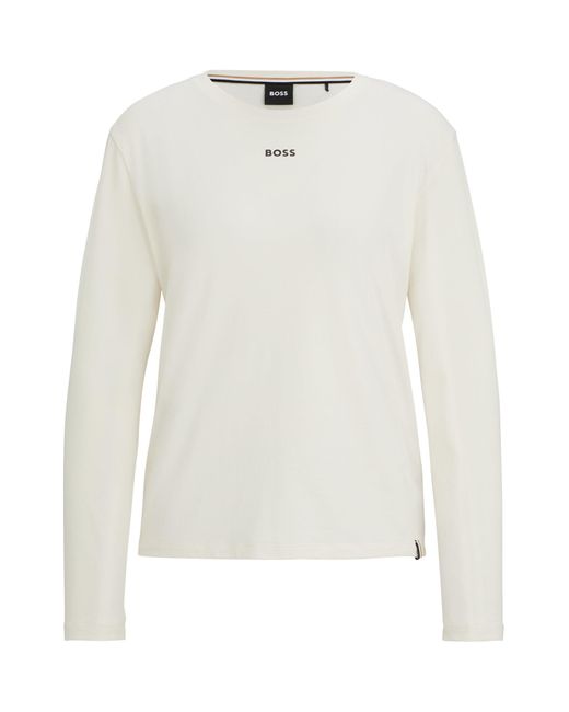 Boss White Stretch-cotton Long-sleeved Pyjama Top With Printed Logo