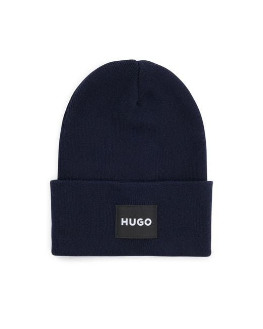 HUGO Blue Cotton Beanie Hat With Logo Label for men