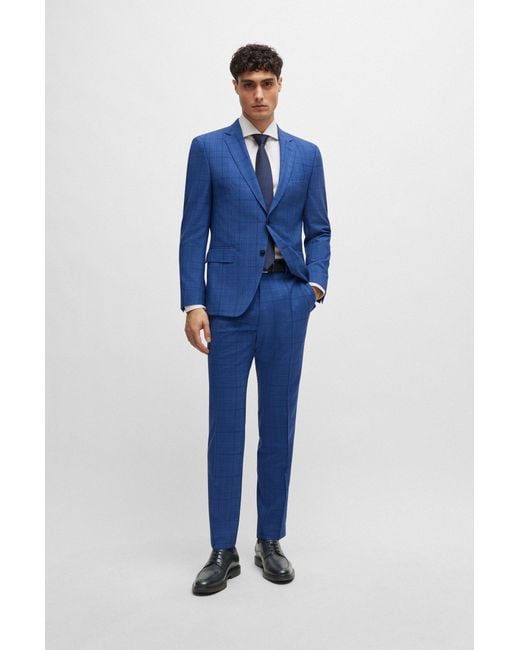 Boss Blue Slim-fit Suit In Checked Virgin Wool for men