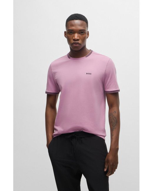 Boss Pink Stretch-cotton T-shirt With Stripes And Logo for men