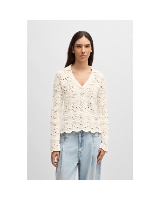 Boss White Johnny-Collar Sweater With Cotton-Blend Open-Knit Structure
