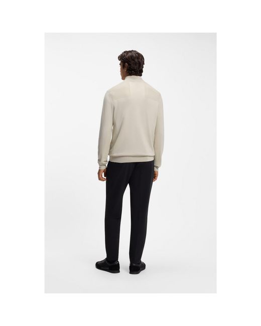 Boss Natural Zip-Neck Virgin Wool-Blend Sweater With Logo for men