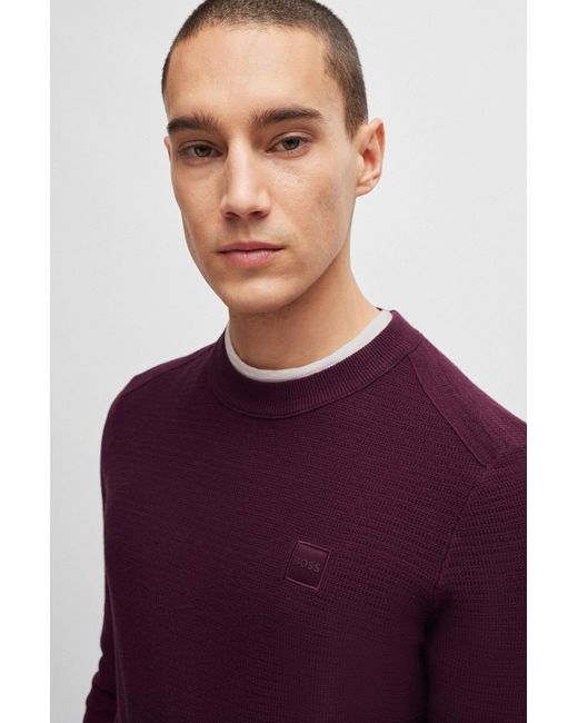 Boss Purple Cotton-cashmere Regular-fit Sweater With Logo Patch for men