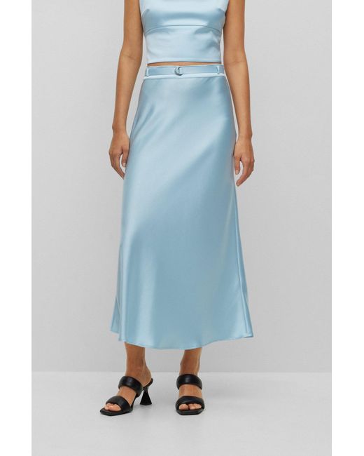 HUGO Blue Satin Midi Skirt With Branded Belt