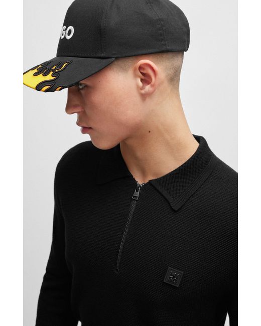 HUGO Polopullover mit Reißverschluss am Kragen und Stack-Logo-Badge in Black für Herren