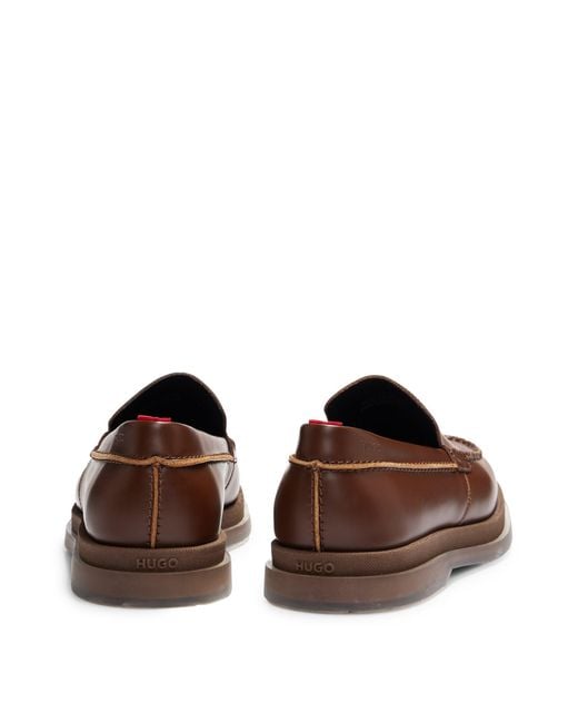 HUGO Brown Leather Loafers With Translucent Rubber Sole for men