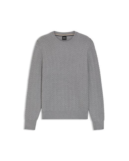 Boss Gray Virgin-Wool Sweater With Herringbone Structure for men