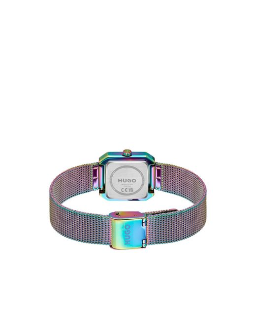 HUGO White Hazel Iridescent Square Watch With Mesh Bracelet