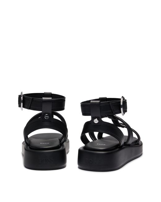 Boss Black Platform Leather Sandals With Branded Buckle Closure
