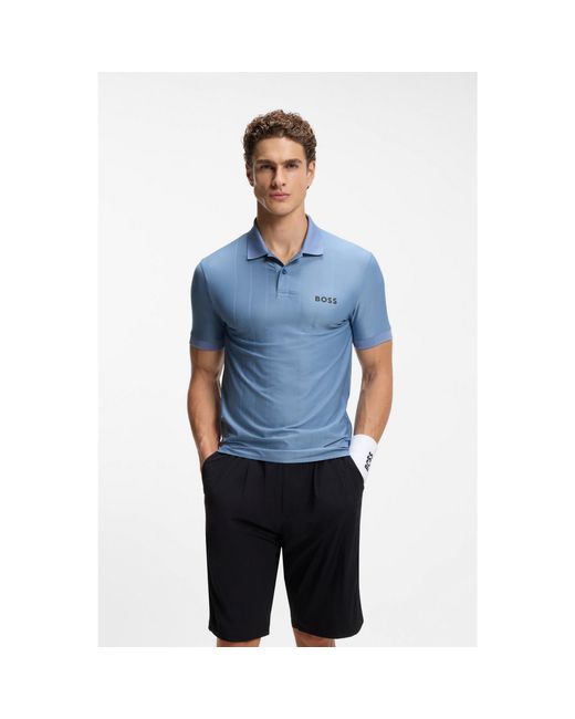 Boss Blue Active Stripe-Jersey Slim-Fit Polo Shirt With Four-Way Stretch for men