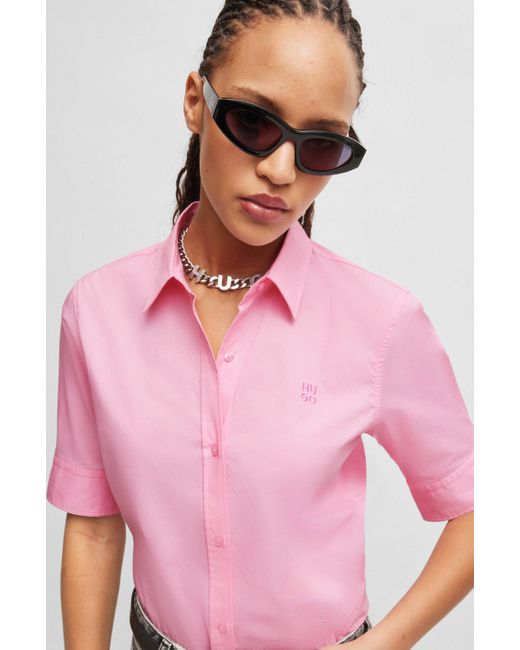 HUGO Pink Regular-Fit Bluse aus Stretch-Baumwolle mit Stack-Logo