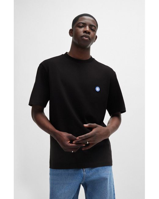 HUGO Black Cotton-jersey T-shirt With Smiley-face Logo for men