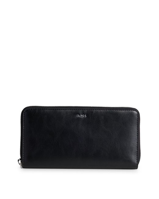 Boss Black Ziparound Wallet In Faux Leather With Logo Lettering