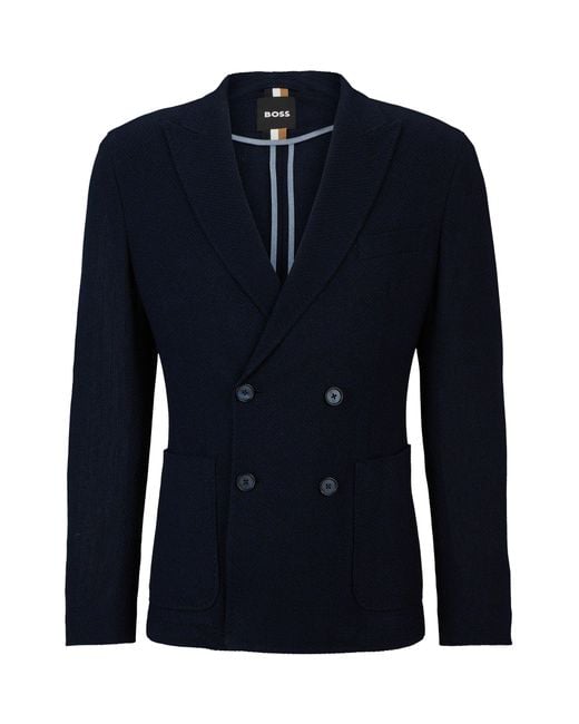 Boss Blue Slim-fit Jacket In Micro-patterned Cotton for men