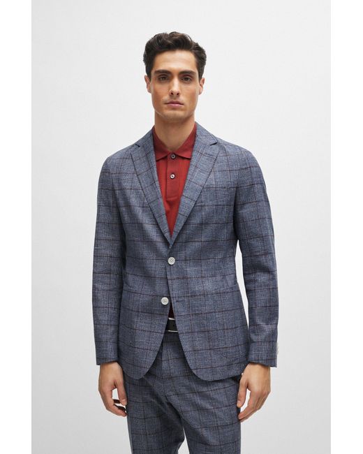 Boss Blue Slim-fit Micro-patterned Jacket In Checked Serge for men
