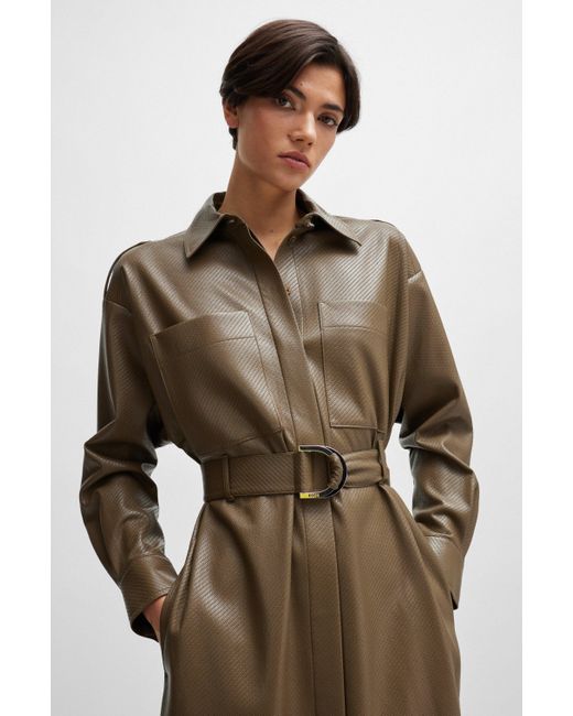 Boss Natural Belted Shirt Dress In Perforated Faux Leather