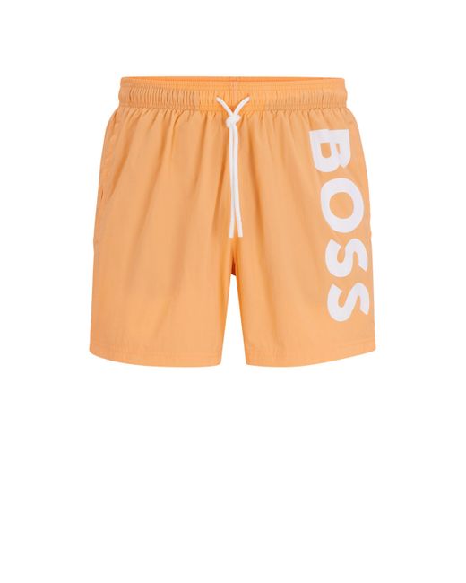 Boss Badeshorts aus schnell trocknender Popeline mit vertikalem Logo-Print in Orange für Herren