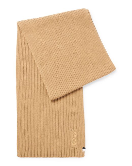Boss Natural Ribbed Scarf In A Cotton Blend With Logo Details for men
