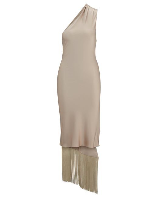 Boss Natural One-shoulder Dress With Fringed Scarf Detail